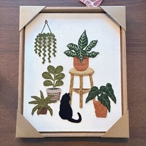 Handcrafted Botanical Embroidery Art with Cat